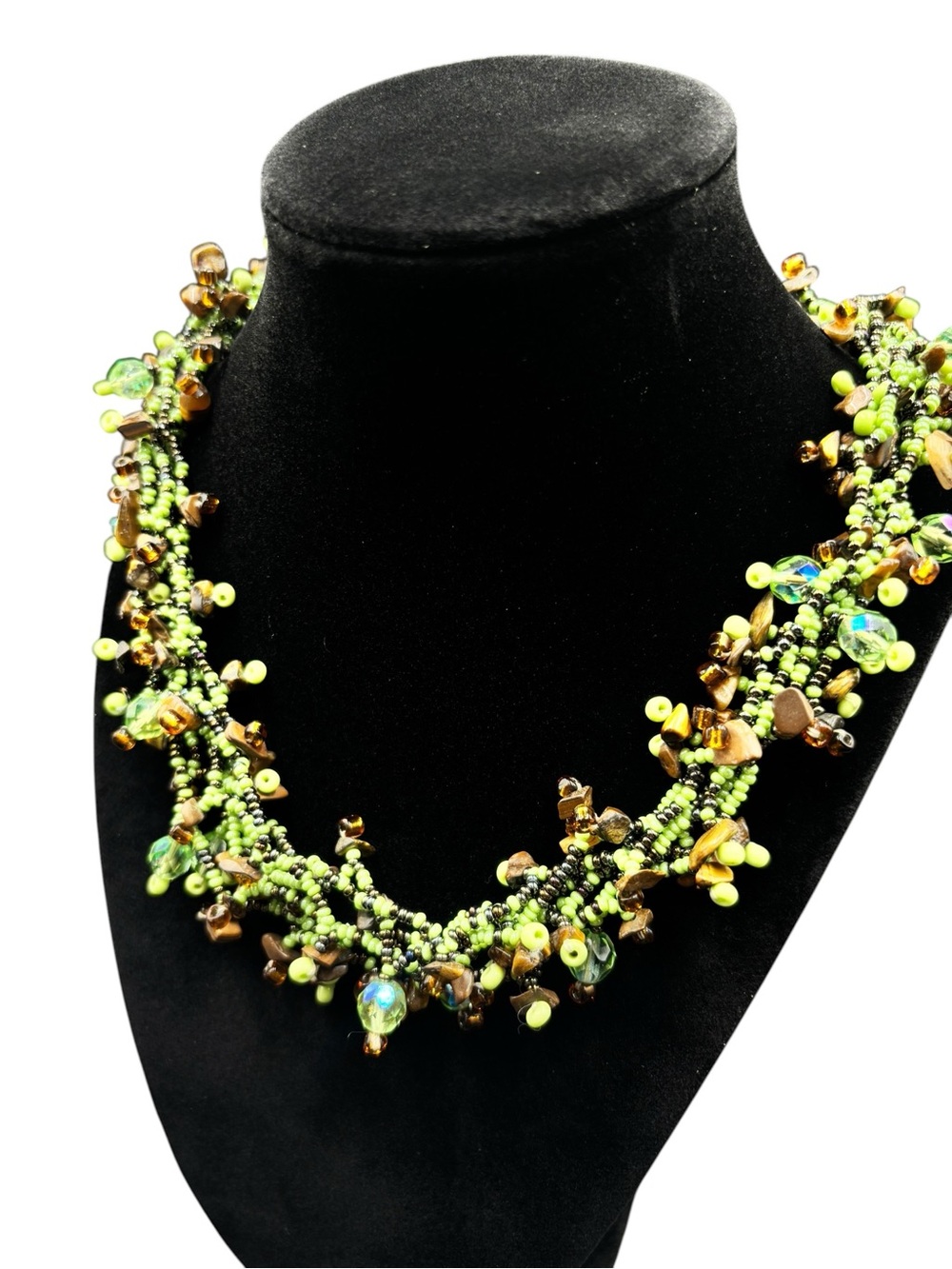Green Seed Bead & Tiger Eye Chip Statement Necklace 18” | Boho Artisan - Picture 3 of 6